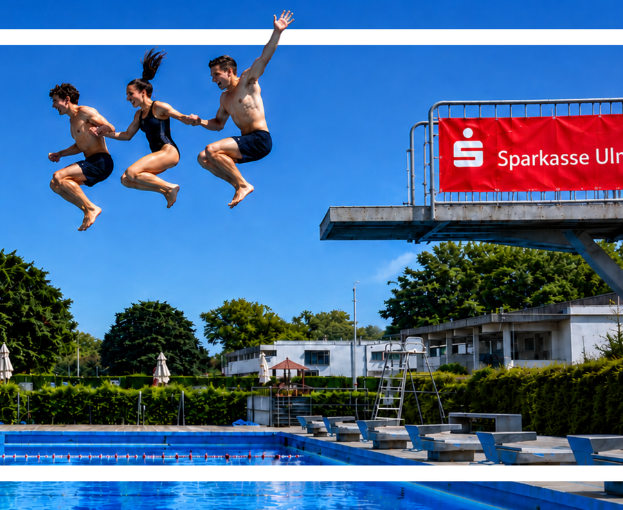 3-m-Sprungturm SSV Ulm 1846 e.V. Freibad mit Sparkasse Ulm Banner und drei Personen in Badekleidung springen ins Wasser.
